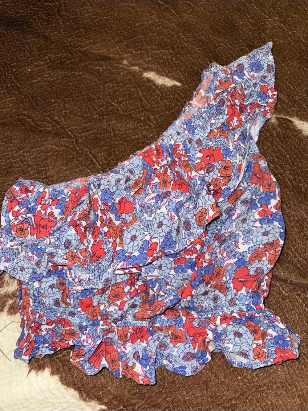 Floral Ruffle one shoulder top in Red & Blue